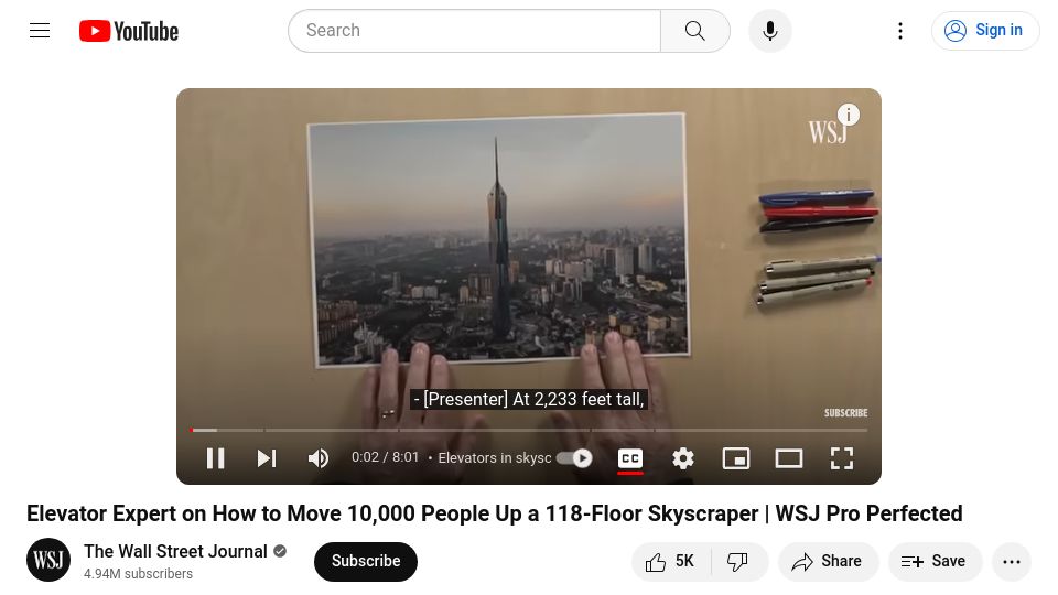 Screenshot of youtube.com: Elevator Expert on How to Move 10k People Up a 118-Floor Skyscraper [video]