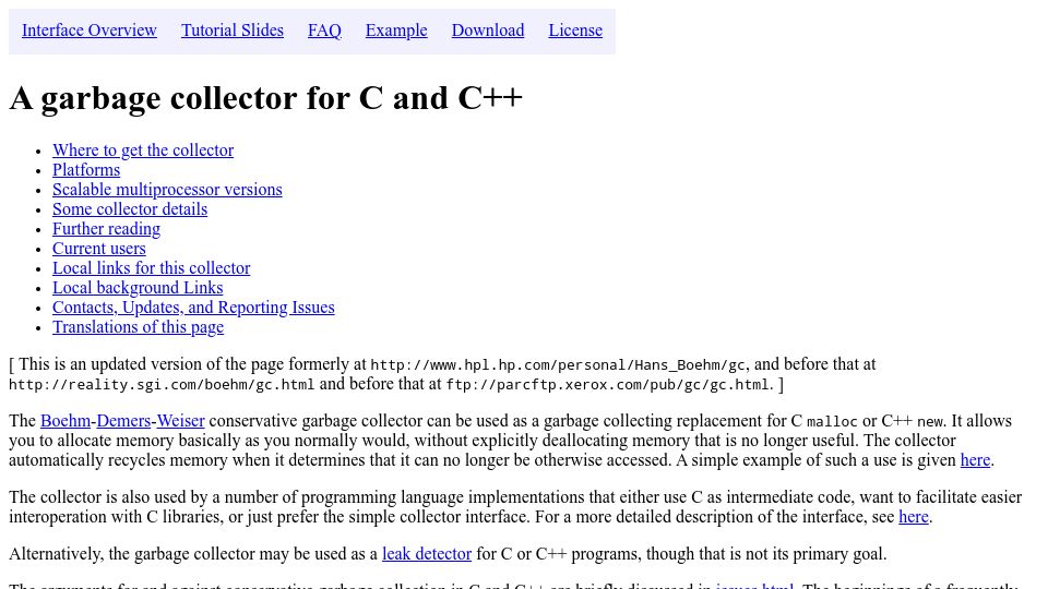 Screenshot of hboehm.info: Boehm-Demers-Weiser conservative C/C++ Garbage Collector