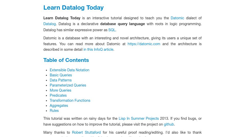 Screenshot of learndatalogtoday.org: Learn Datalog Today