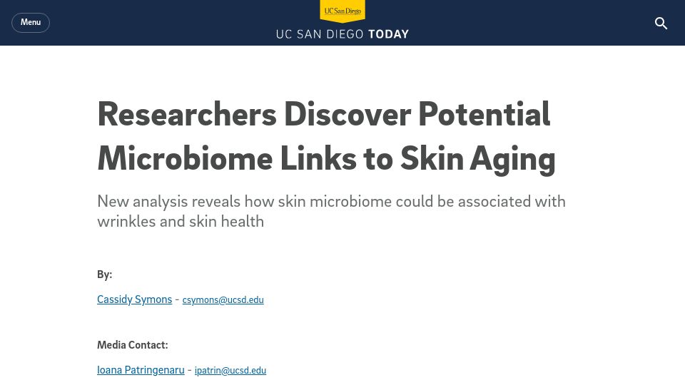 Screenshot of today.ucsd.edu: Potential Microbiome Links to Skin Aging