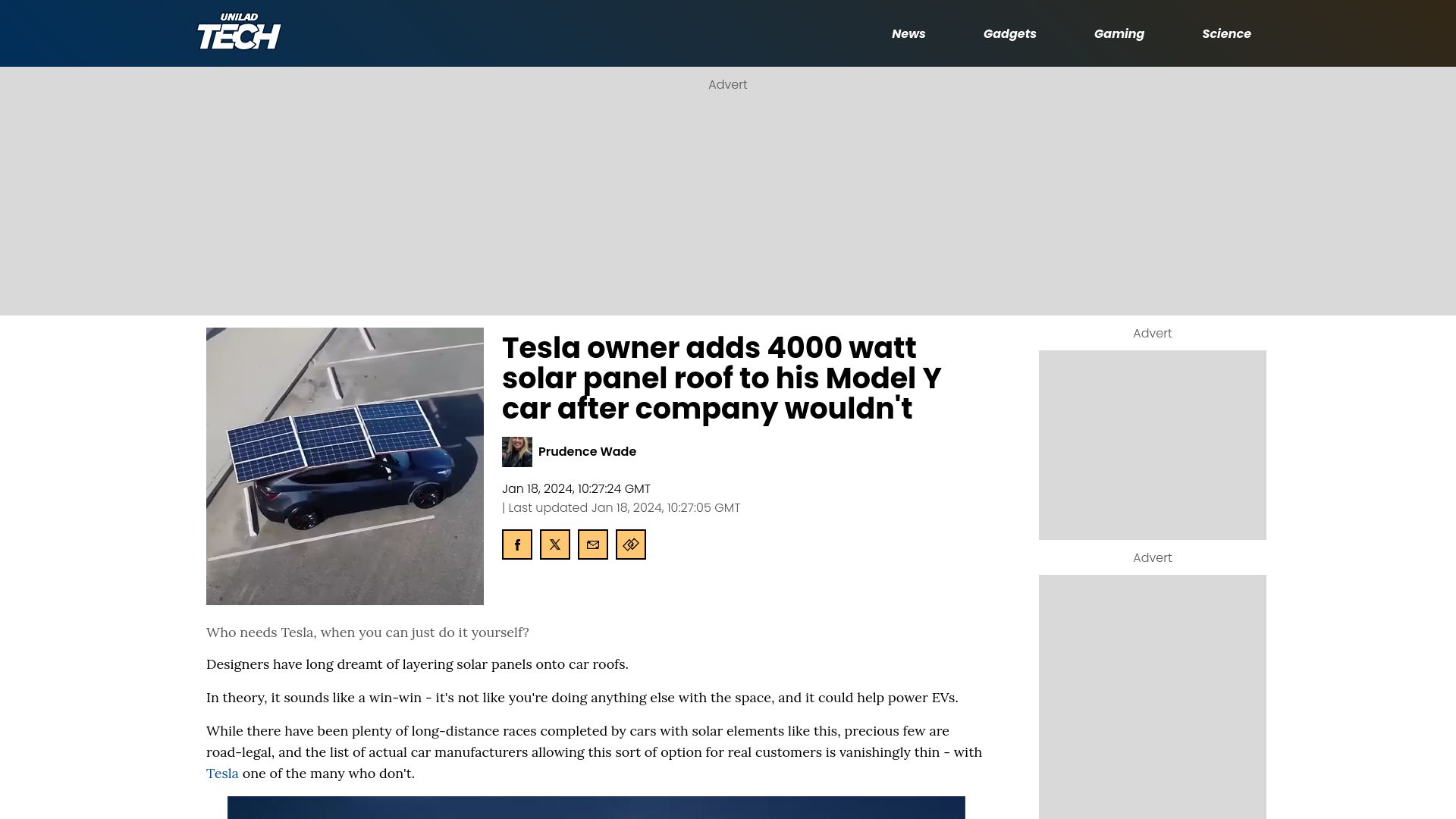 Screenshot of uniladtech.com: Tesla owner adds 4000 watt solar panel roof to his car after company wouldn't