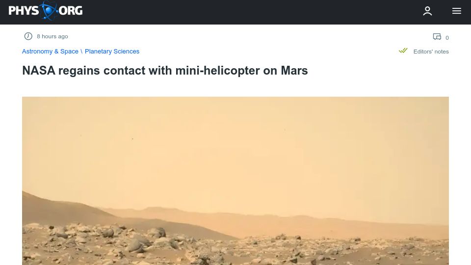 Screenshot of phys.org: NASA regains contact with mini-helicopter on Mars