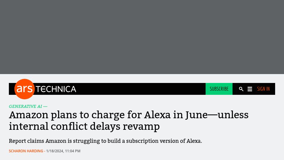 Screenshot of arstechnica.com: Amazon plans to charge for Alexa in June–unless internal conflict delays revamp