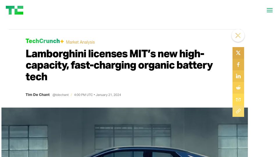 Screenshot of techcrunch.com: Lamborghini licenses MIT's new high-capacity, fast-charging organic battery tech