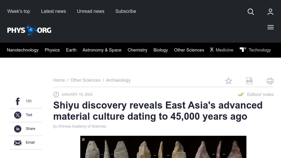 Screenshot of phys.org: Shiyu discovery reveals East Asia's advanced materials dating to 45,000 BCE