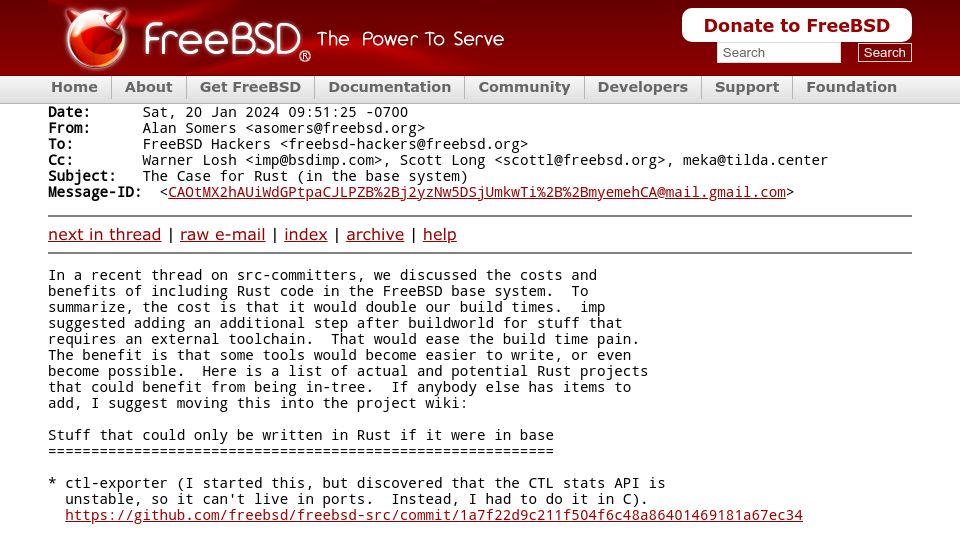 Screenshot of mail-archive.freebsd.org: The Case for Rust in the base system