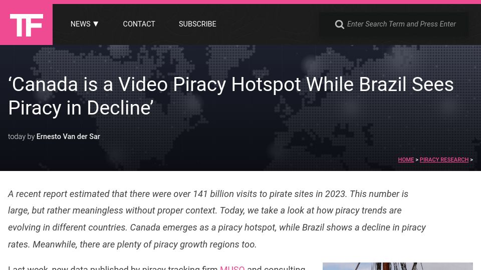 Screenshot of torrentfreak.com: 'Canada Is a Video Piracy Hotspot While Brazil Sees Piracy in Decline'