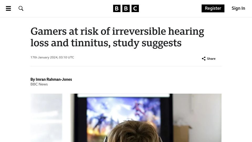 Screenshot of bbc.com: Gamers at risk of irreversible hearing loss and tinnitus, study suggests