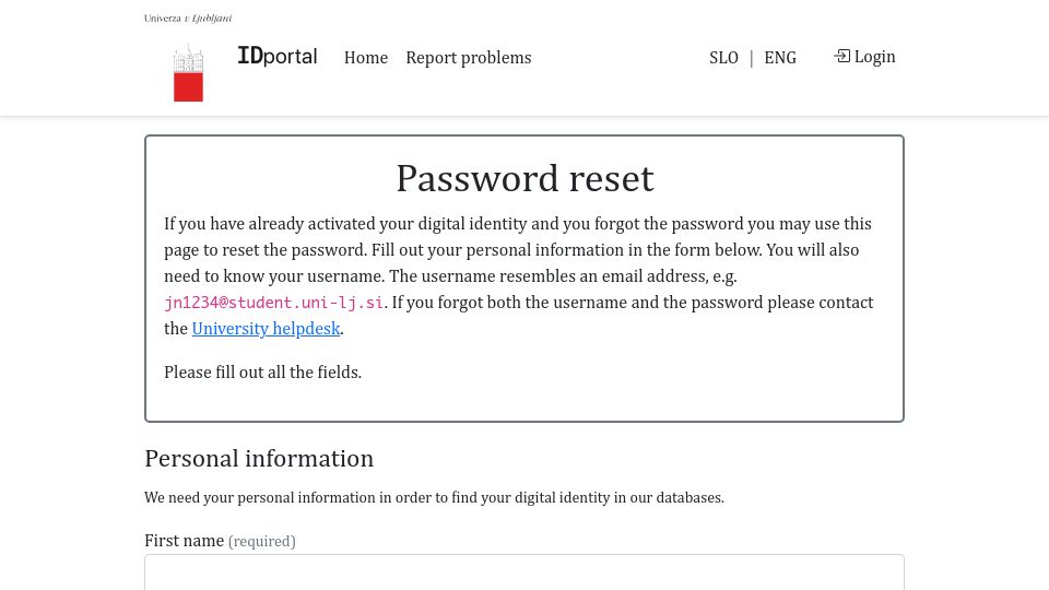 Screenshot of id.uni-lj.si: Password may not contain: select, insert, update, delete, drop