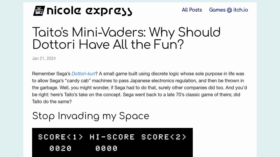 Screenshot of nicole.express: Taito's Mini-Vaders: Why Should Dottori Have All the Fun?