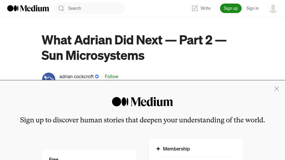 Screenshot of adrianco.medium.com: What Adrian Did Next – Part 2 – Sun Microsystems (2022)