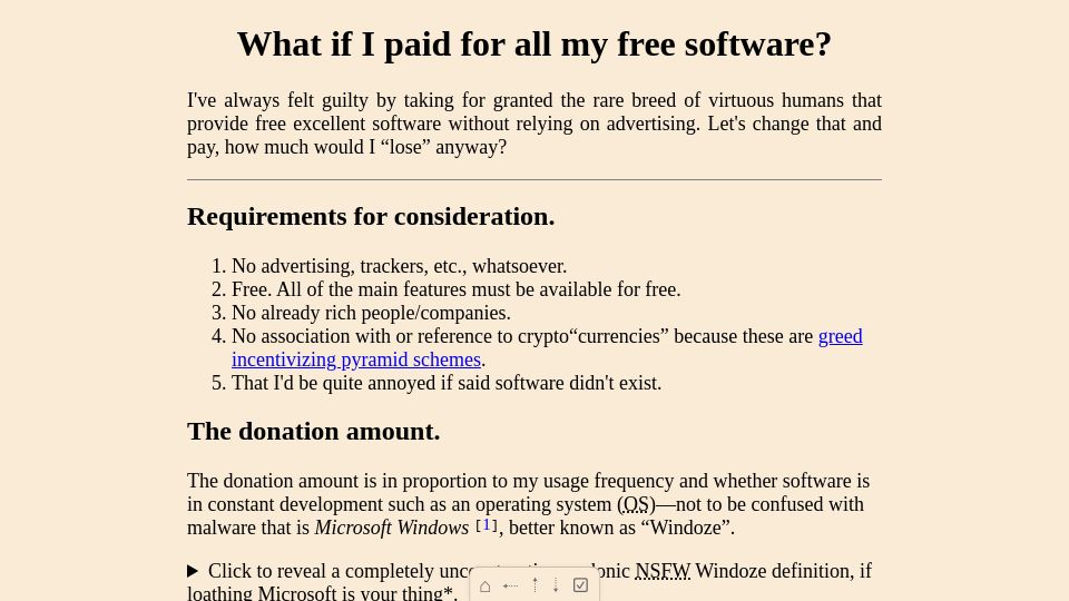 Screenshot of cynicusrex.com: What if I paid for all my free software?