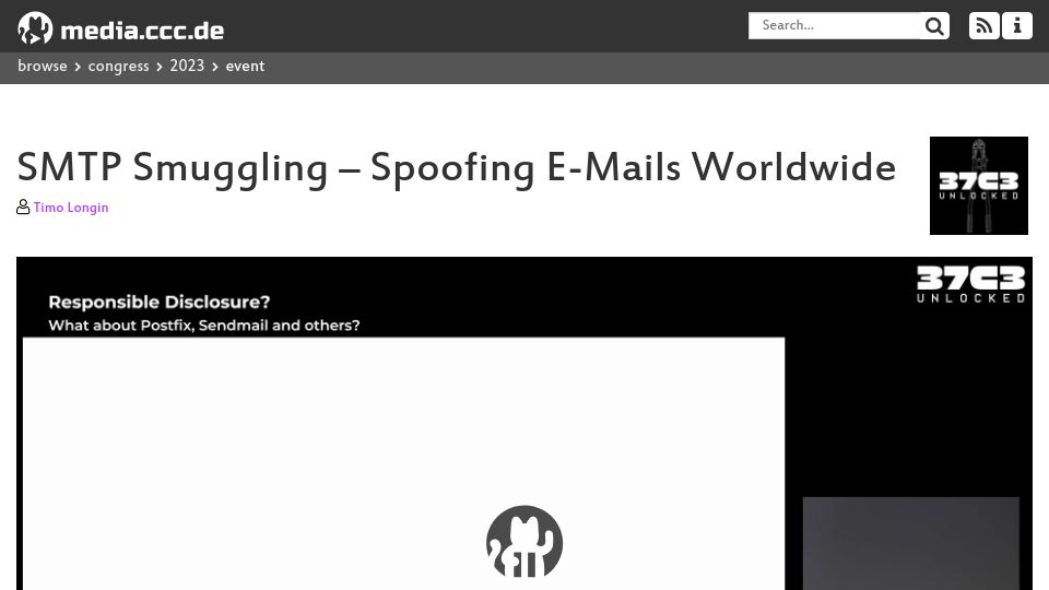 Screenshot of media.ccc.de: SMTP Smuggling – Spoofing Emails Worldwide [video]