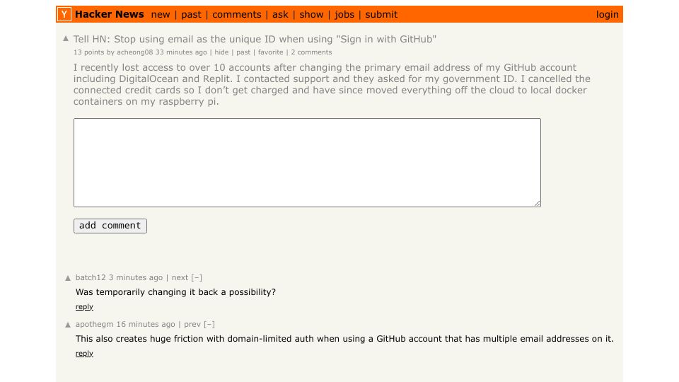 Screenshot of Hacker News post: Tell HN: Stop using email as the unique ID when using "Sign in with GitHub"