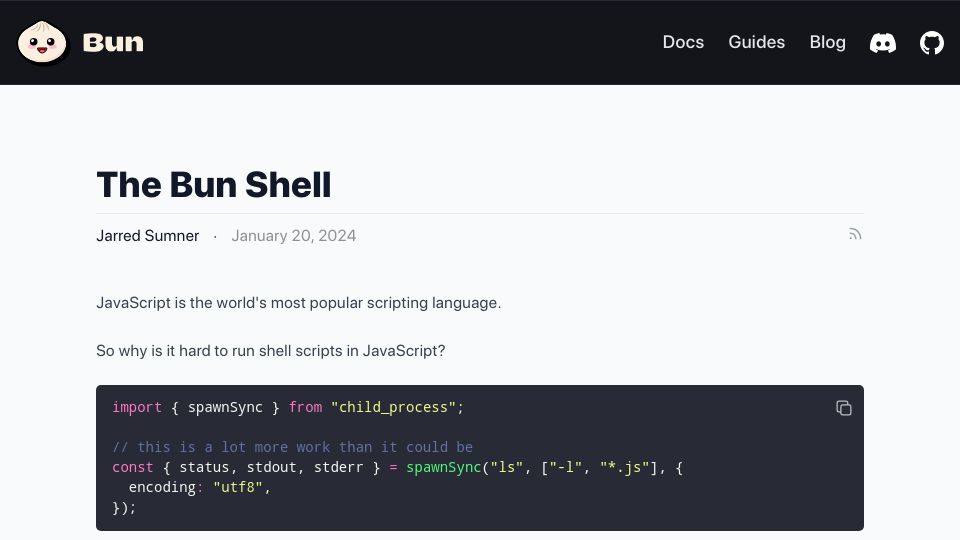 Screenshot of bun.sh: The Bun Shell