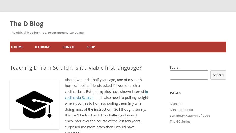 Screenshot of dlang.org: Teaching D from Scratch: Is it a viable first language? (2021)