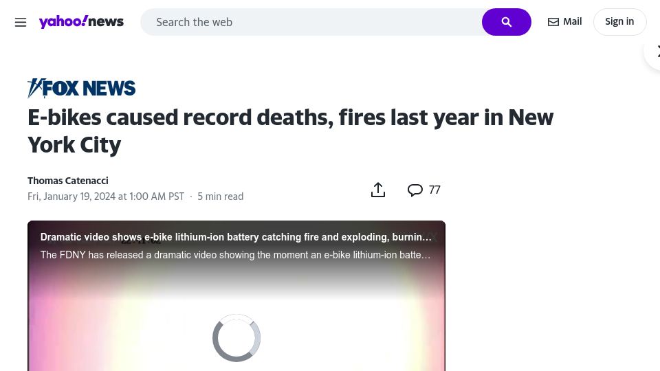 Screenshot of news.yahoo.com: E-bikes caused record deaths, fires last year in New York City