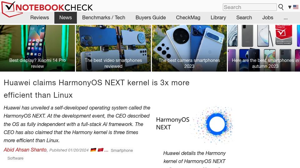 Screenshot of notebookcheck.net: Huawei claims HarmonyOS NEXT kernel is more efficient than Linux