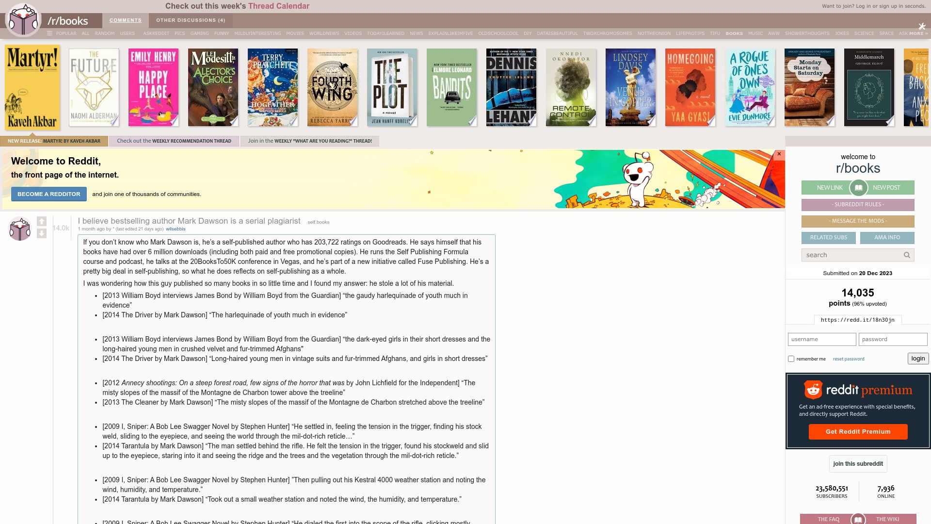 Screenshot of old.reddit.com: I believe bestselling author Mark Dawson is a serial plagiarist
