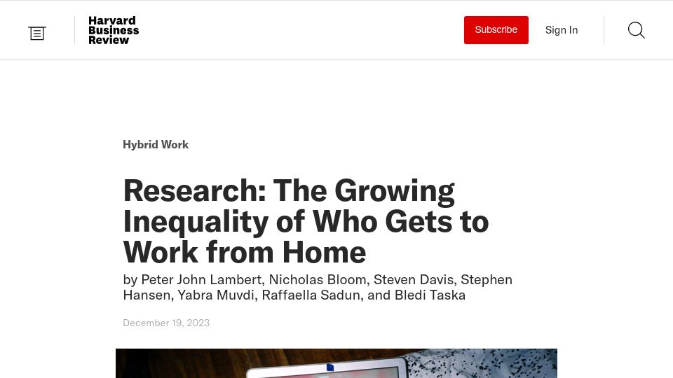 Screenshot of hbr.org: The growing inequality of who gets to work from home