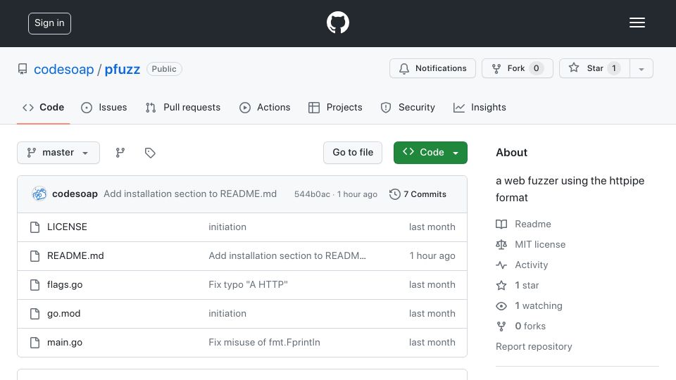Screenshot of github.com: Show HN: Pfuzz, a web fuzzer following the Unix philosophy