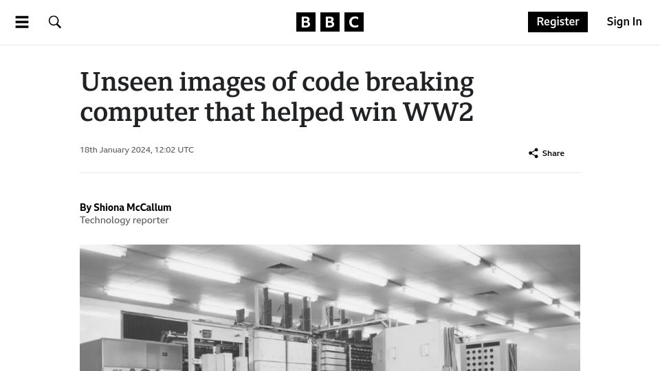Screenshot of bbc.co.uk: Unseen images of Colossus code breaking computer