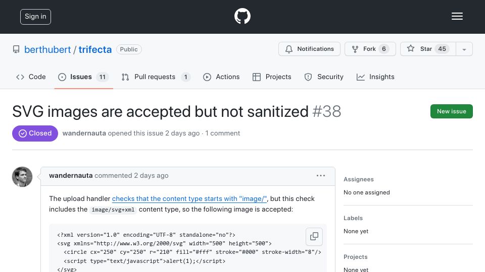 Screenshot of github.com: SVG images can contain JavaScript