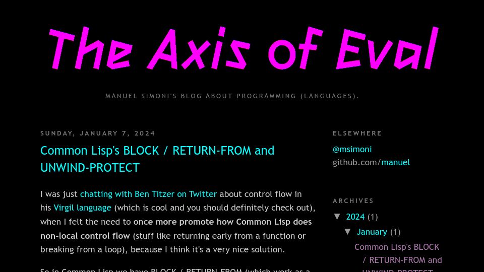 Screenshot of axisofeval.blogspot.com: Common Lisp's block / return-from and unwind-protect