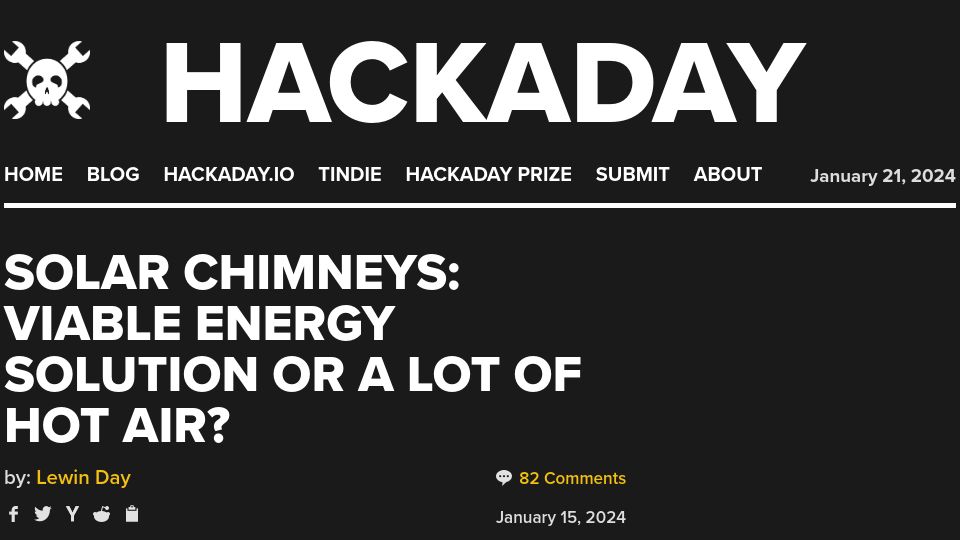 Screenshot of hackaday.com: Solar Chimneys: Viable Energy Solution or a Lot of Hot Air?