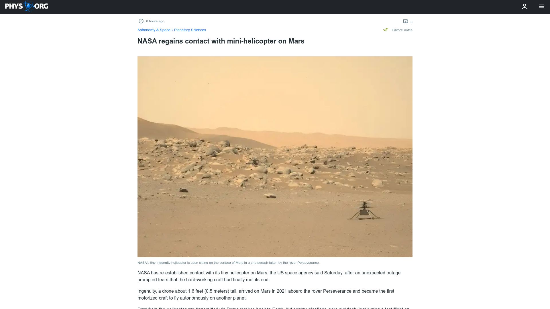 Screenshot of phys.org: NASA regains contact with mini-helicopter on Mars