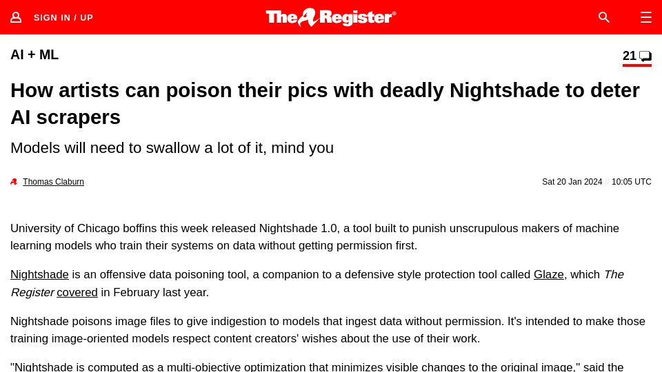Screenshot of theregister.com: Artists can poison their pics with deadly Nightshade to deter AI scrapers