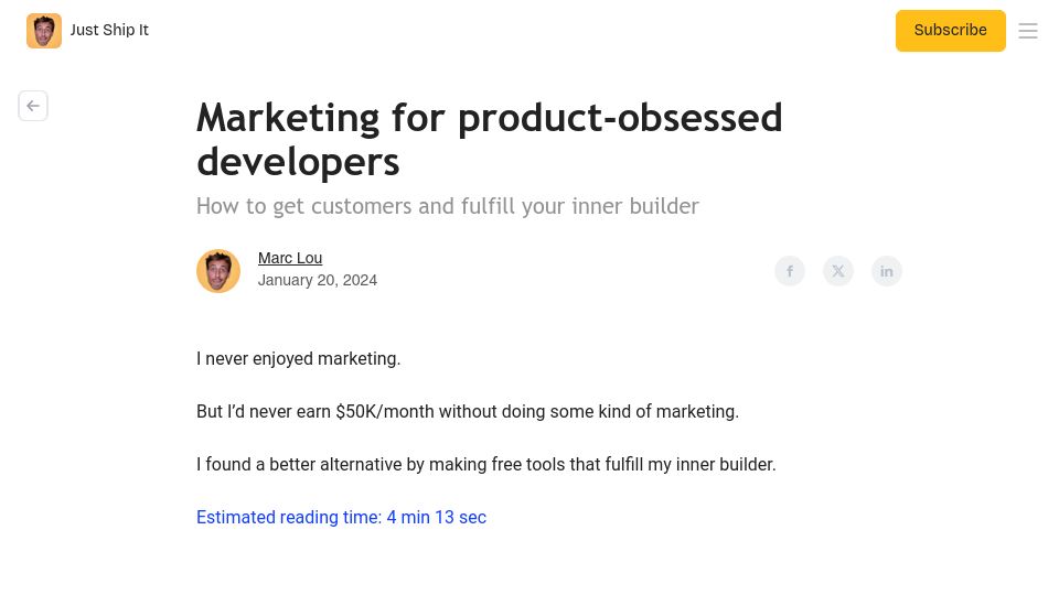 Screenshot of marclou.beehiiv.com: Marketing for Product-Obsessed Developers