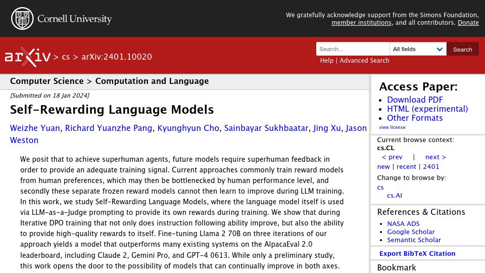 Screenshot of arxiv.org: Self-Rewarding Language Models