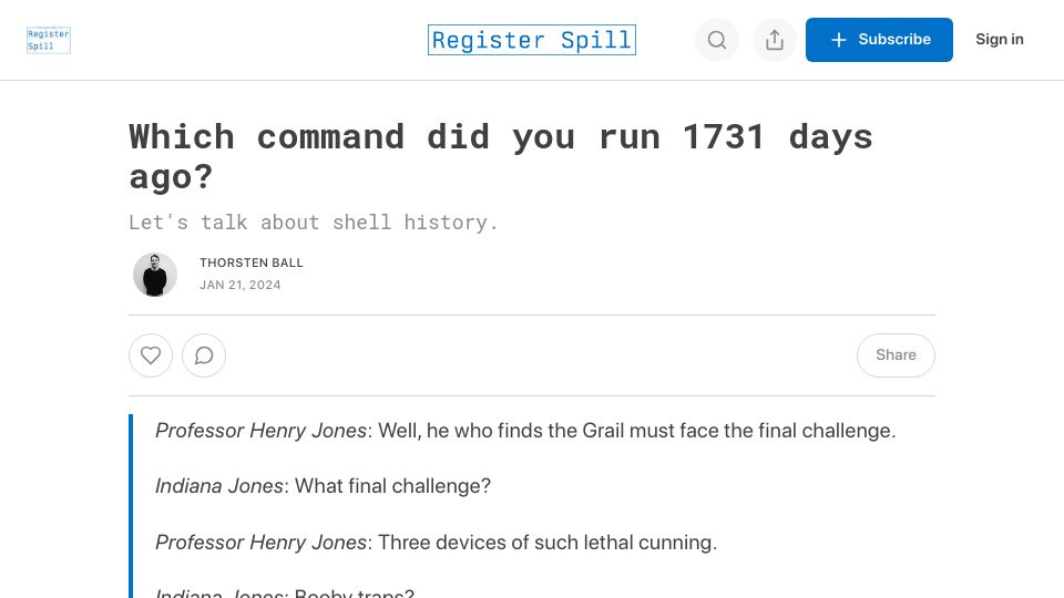 Screenshot of registerspill.thorstenball.com: Keeping a long shell history