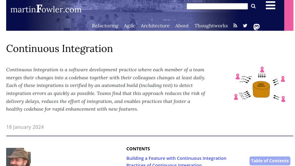 Screenshot of martinfowler.com: Continuous Integration (2024 Update)