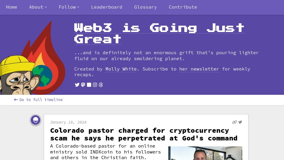 Screenshot of web3isgoinggreat.com: Colorado pastor charged for cryptocurrency scam he perpetrated at God's command