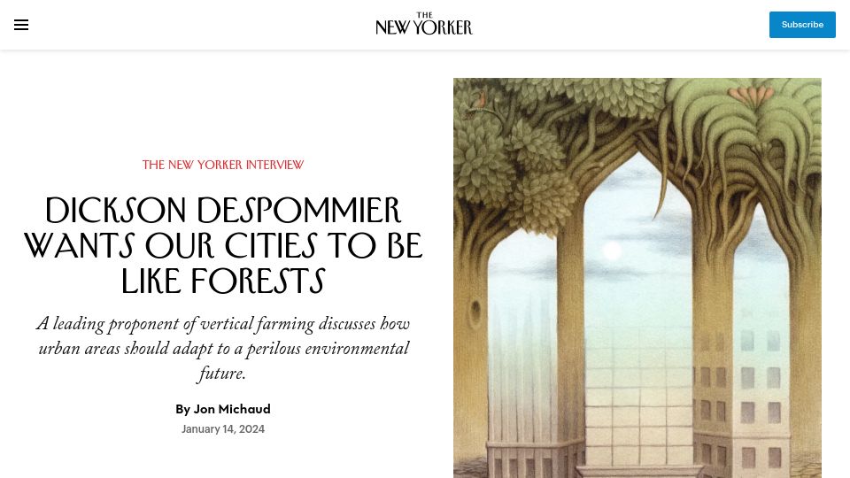 Screenshot of newyorker.com: A leading proponent of vertical farming discusses how urban areas should adapt