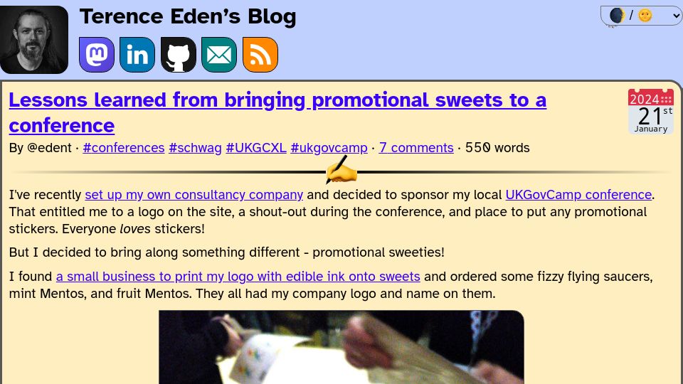 Screenshot of shkspr.mobi: Lessons learned from bringing promotional sweets to a conference