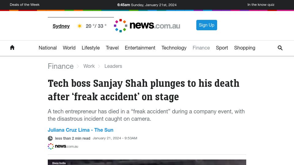 Screenshot of news.com.au: Vistex CEO Sanjay Shah dies on stage after freak accident