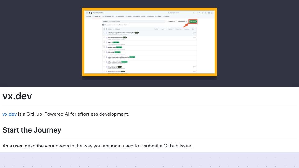 Screenshot of vxdev.pages.dev: Show HN: Vx.dev – GitHub-Powered AI for effortless development
