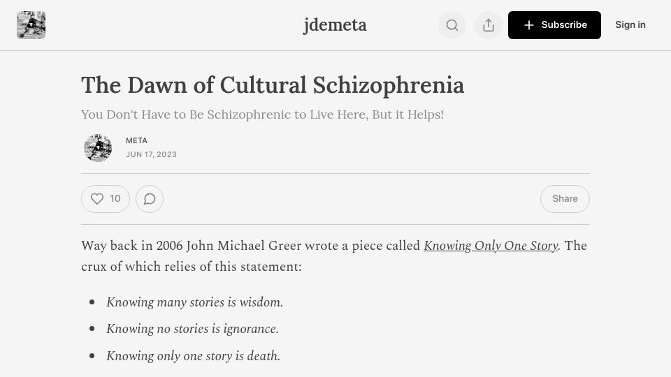 Screenshot of jdemeta.net: The Dawn of Cultural Schizophrenia (2023)