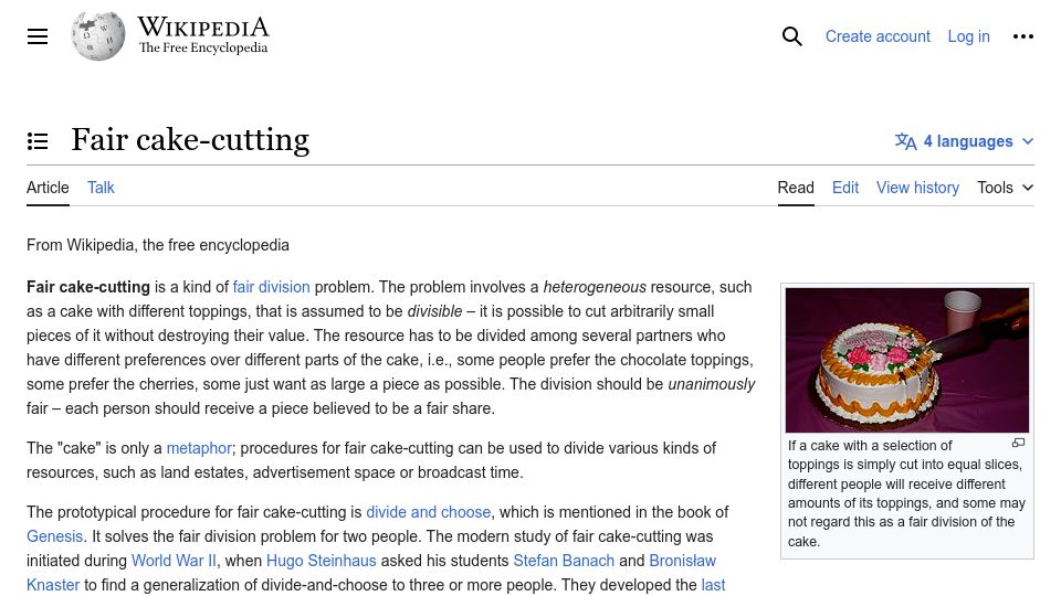 Screenshot of en.wikipedia.org: Fair Cake-Cutting
