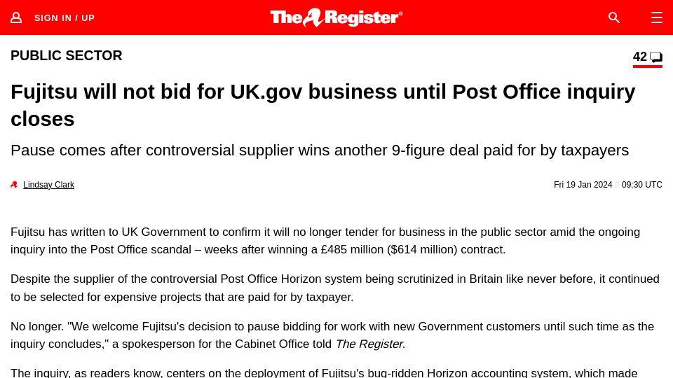 Screenshot of theregister.com: Fujitsu will not bid for UK.gov business until Post Office inquiry closes