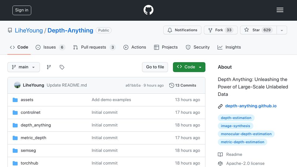 Screenshot of github.com: Depth Anything: Unleashing the Power of Large-Scale Unlabeled Data