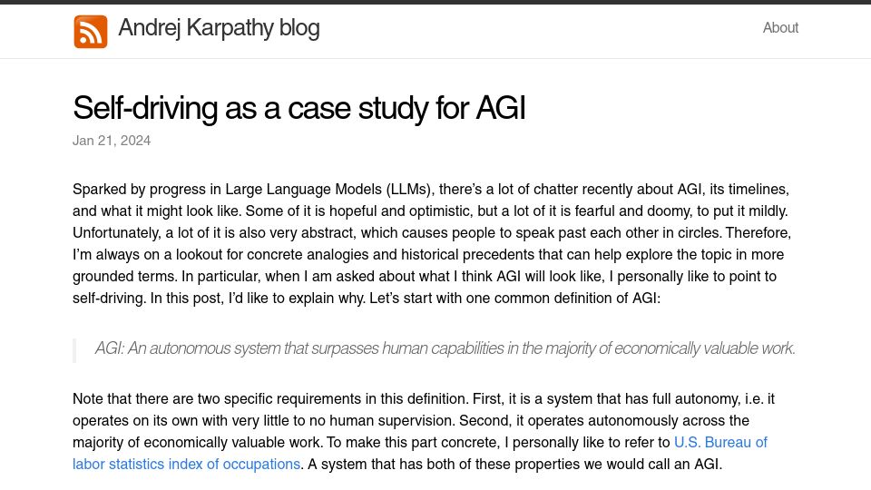 Screenshot of karpathy.github.io: Self-driving as a case study for AGI