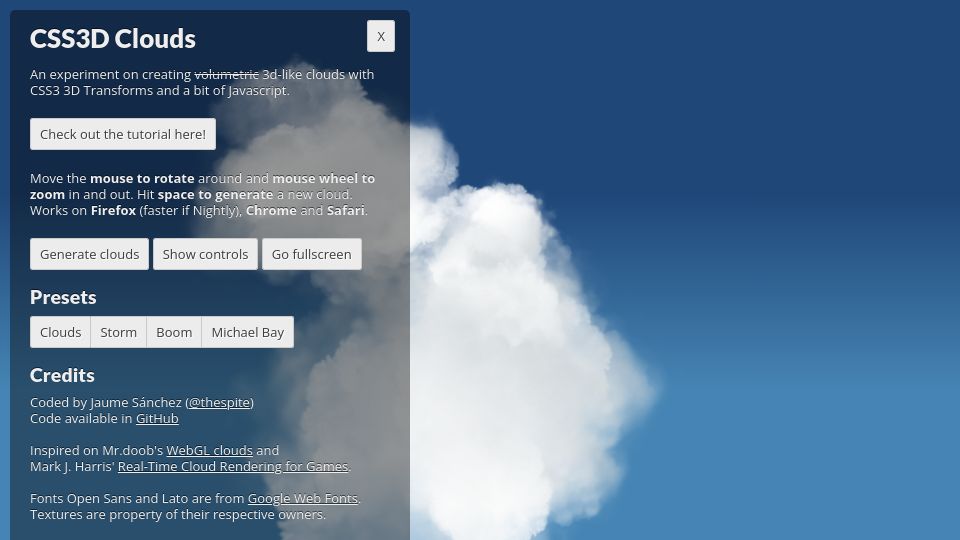 Screenshot of spite.github.io: CSS3D Clouds