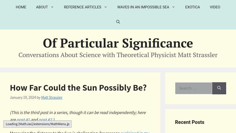 Screenshot of profmattstrassler.com: How far could the sun possibly be?