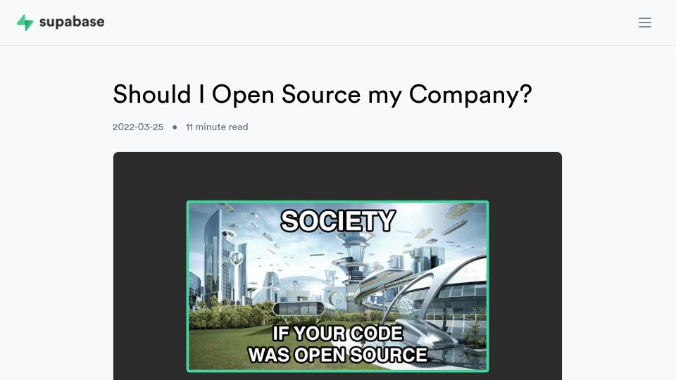 Screenshot of supabase.com: Should I open source my company? (2022)