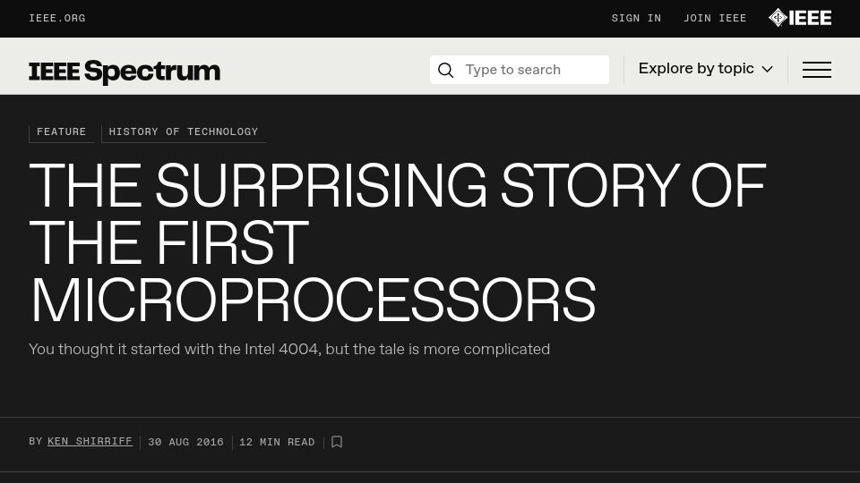 Screenshot of spectrum.ieee.org: The Surprising Story of the First Microprocessors (2016)