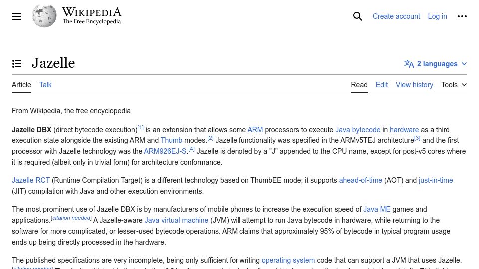 Screenshot of en.wikipedia.org: Jazelle DBX: Allow ARM processors to execute Java bytecode in hardware